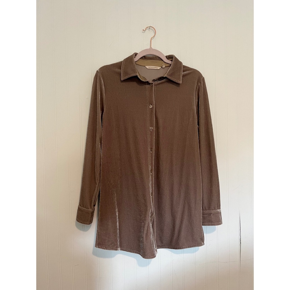 Soft Surroundings Velvet Button Down Tunic Shirt Taupe Brown Long Sleeve XS